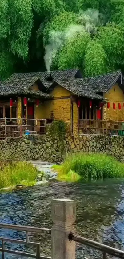 A rustic cottage by a river with lush greenery in the background.