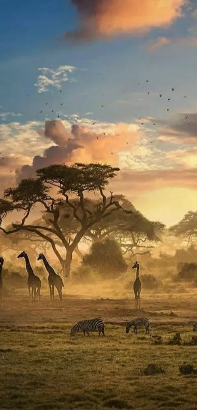 Safari landscape with giraffes and zebras at sunrise.