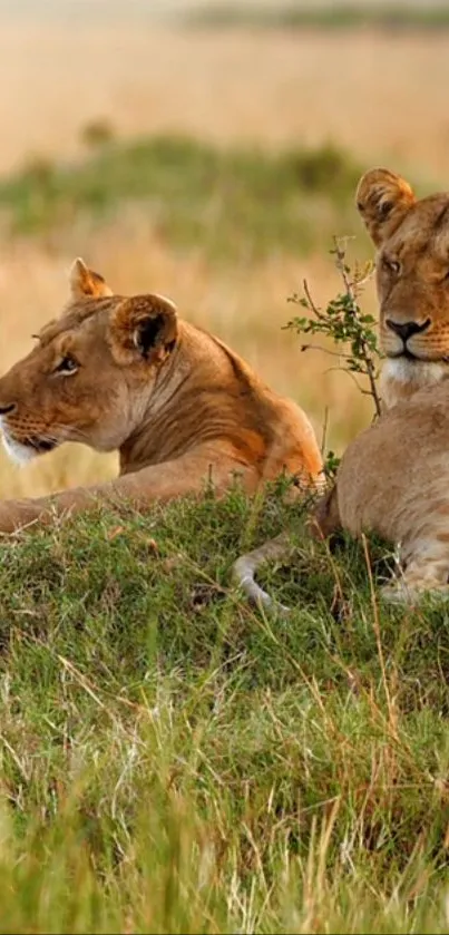 Two lions resting in a grassy savanna with a golden hue.