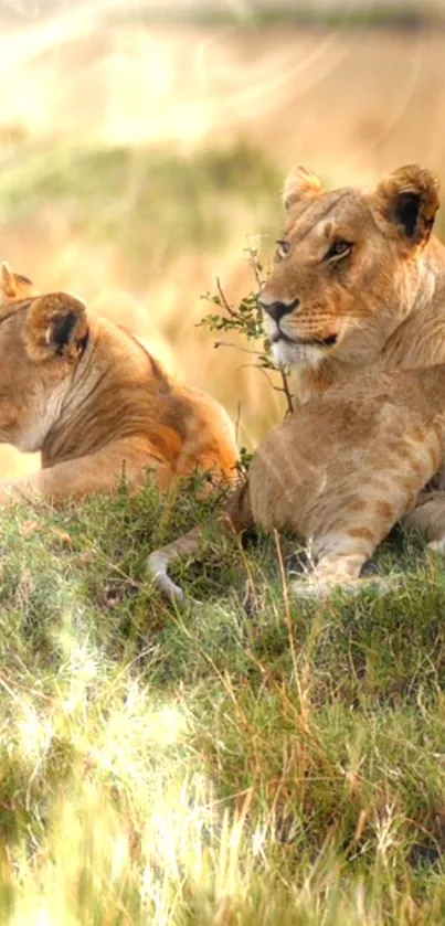 Serene safari wallpaper featuring lions in grassland.