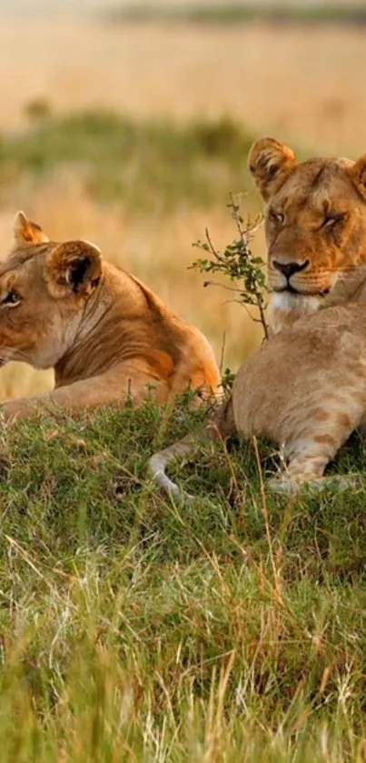 Two lions resting in a grassy savannah.