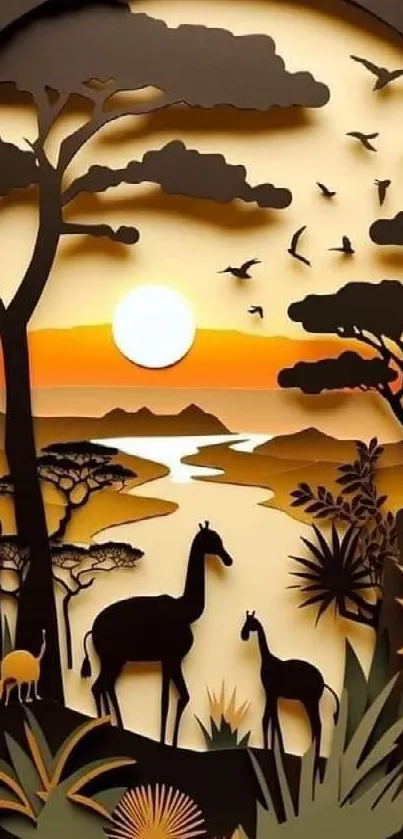 Serene safari wallpaper with giraffes and sunset