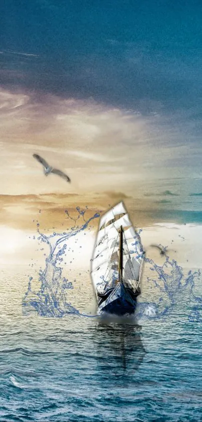 Sailboat navigating a tranquil ocean at dusk with birds soaring in the sky.