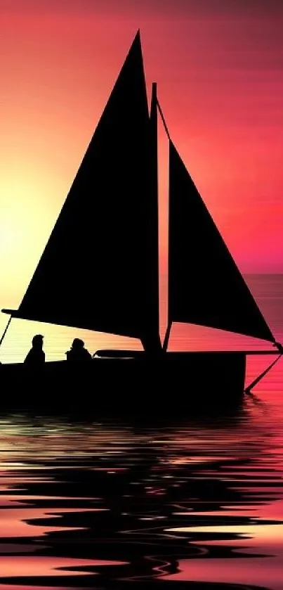 Silhouette of sailboat at vibrant sunset on ocean.