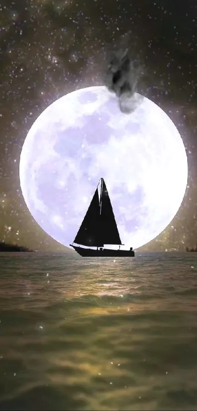 Sailboat silhouette on moonlit water at night.