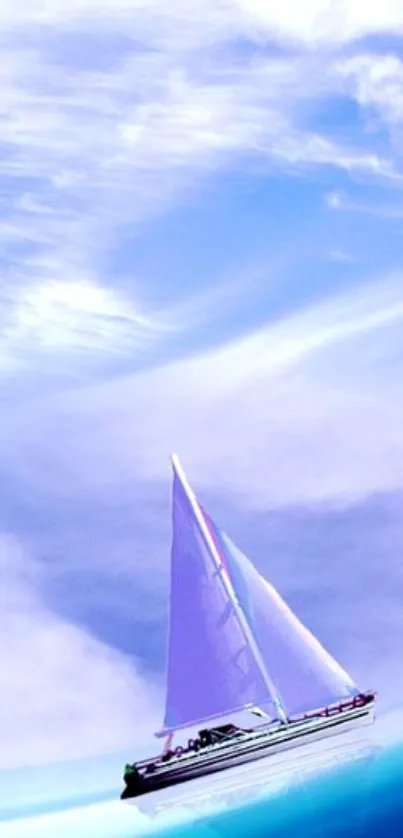 Serene sailboat drifting on light blue ocean with sky.