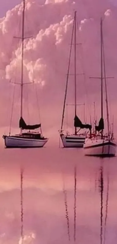 Three sailboats reflected on a calm lake under a lavender sky.