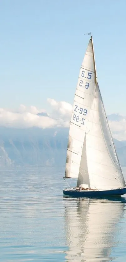 Serene wallpaper of a sailboat on calm, reflective waters.