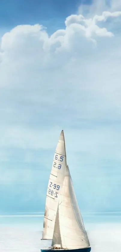 Sailing boat on a calm sea with a blue sky backdrop.