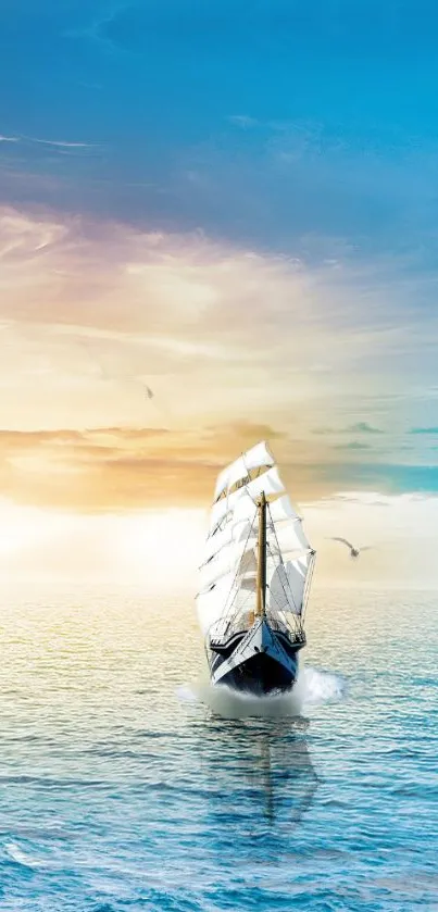 A serene wallpaper featuring a sailing ship on the ocean at sunset.