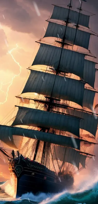 Majestic sailing ship on ocean waves with dramatic sky and lightning.