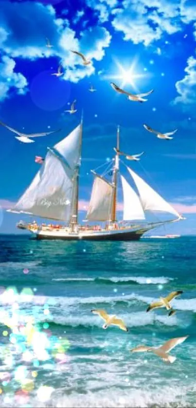 Sailing ship on blue ocean with seagulls and cloudy skies.