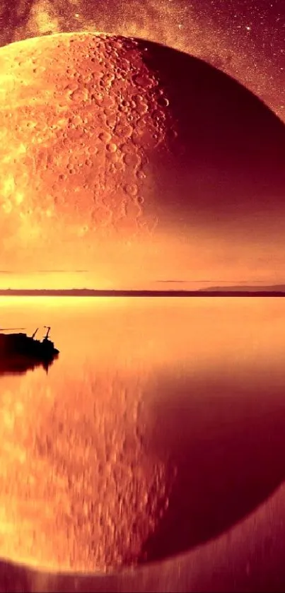 Sailboat on lake under glowing moon with tree silhouette and orange sky.