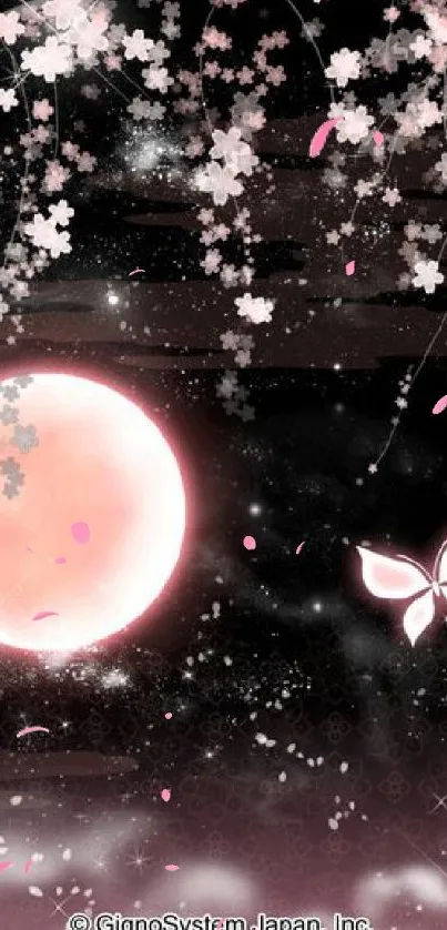 Artistic wallpaper of sakura blossoms and glowing moon with butterflies.