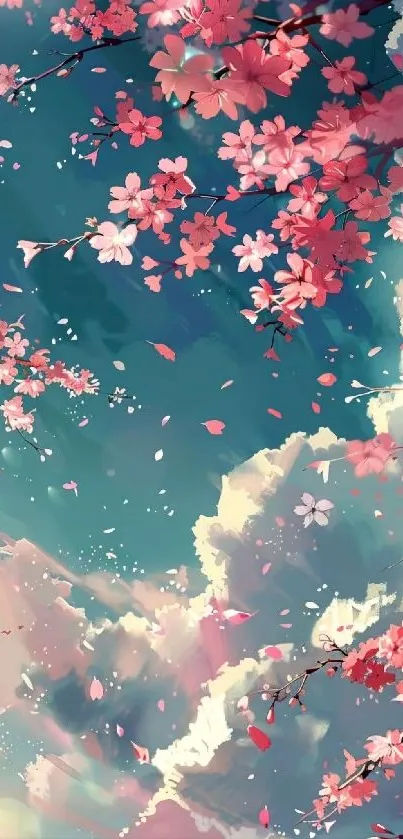 Serene mobile wallpaper with pink sakura blossoms in a dreamy sky background.