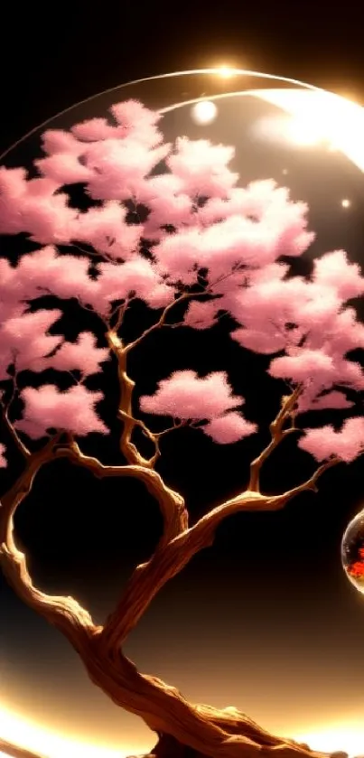 Cherry blossom tree in luminous glass globe.