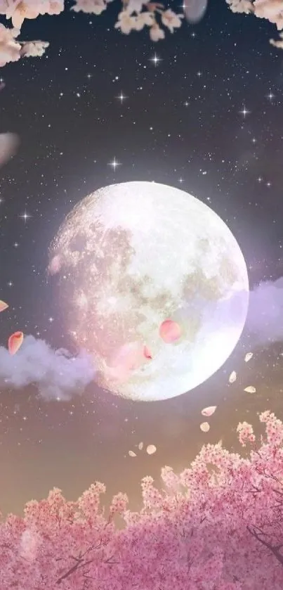 Moonlit cherry blossom scene with stars.