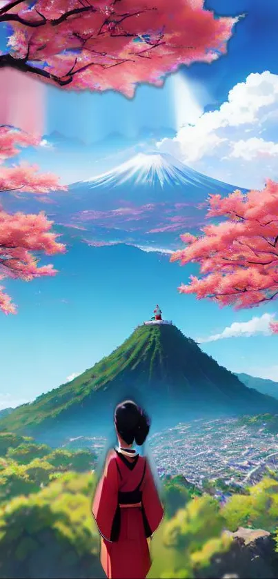 Serene mountain with cherry blossoms and traditional-dressed figure.