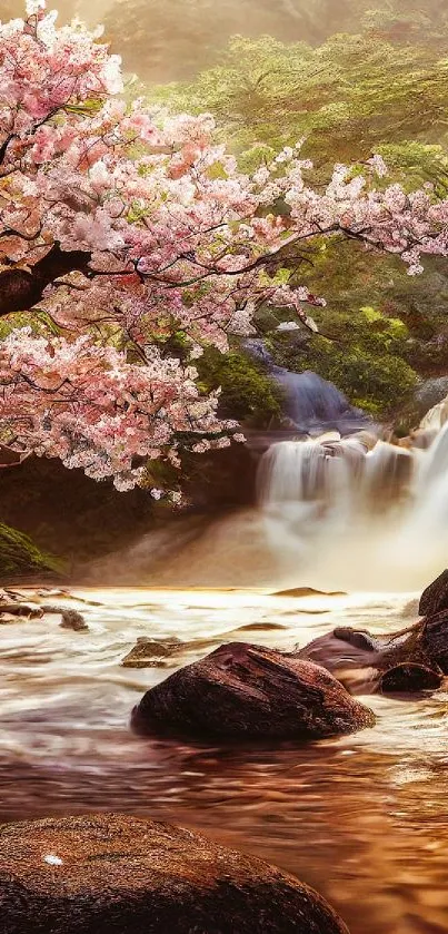 Serene waterfall with cherry blossoms and river.