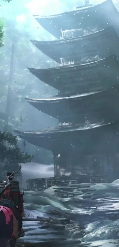 Serene samurai and pagoda in a misty forest setting.