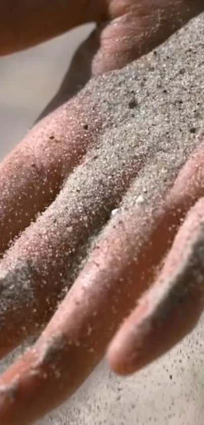 Close-up of a hand with soft sand for calming mobile wallpaper.