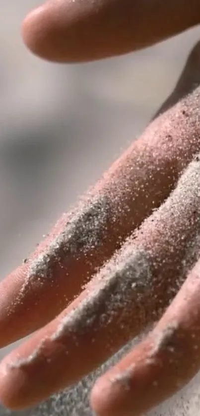 Close-up of sand-covered hand creating a serene texture.