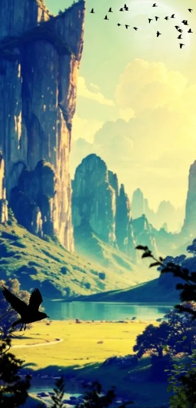 Majestic mountain landscape with vibrant green scenery and artistic bird silhouettes.