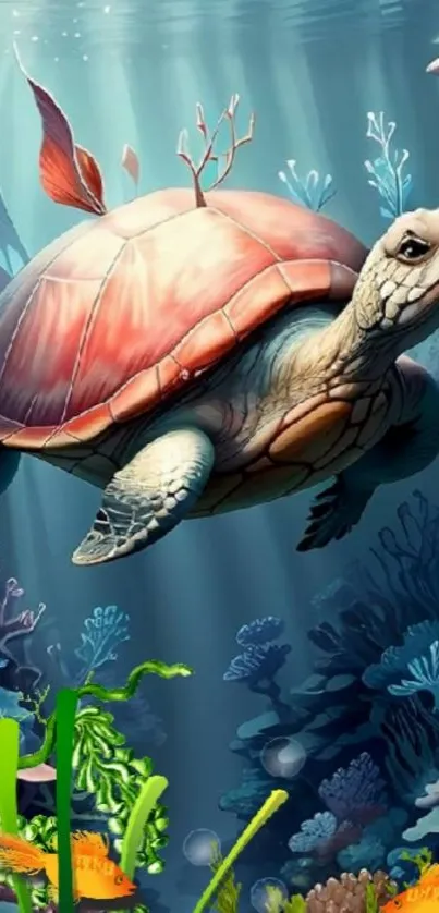 Illustration of a sea turtle swimming underwater.