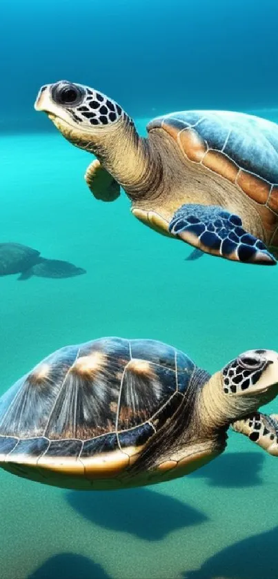 Two majestic sea turtles swimming in a cyan ocean.