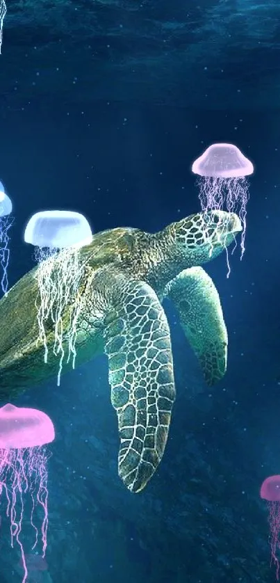 Solo sea turtle swimming underwater in a deep blue ocean scene.