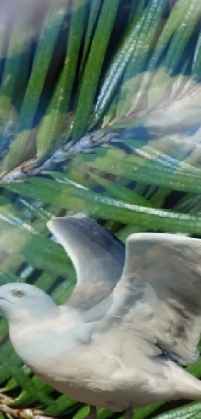 A seagull flying above lush green palm leaves under a clear sky.