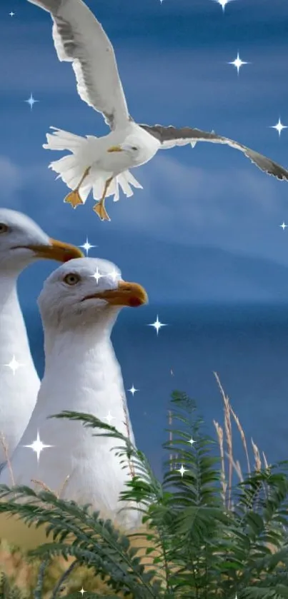 Mobile wallpaper with seagulls, blue sky, stars, and greenery for a serene vibe.