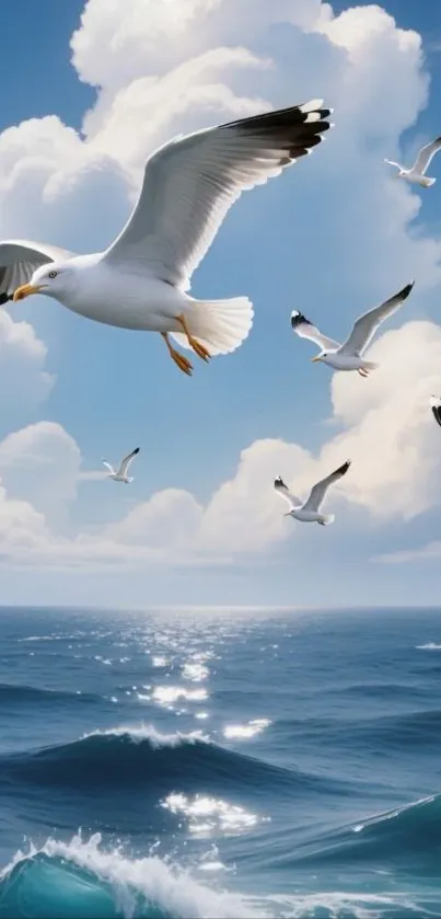 Seagulls flying over ocean waves under a blue sky.