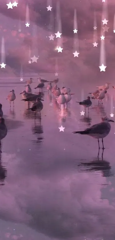 Seagulls reflected on serene pink sunset sea.