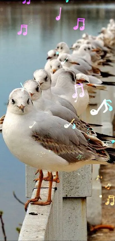 Serene seagulls aligned along a waterfront rail creating a peaceful scene.