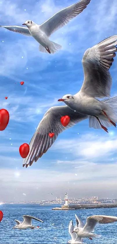 Seagulls soaring over a blue ocean with a lighthouse in the distance.