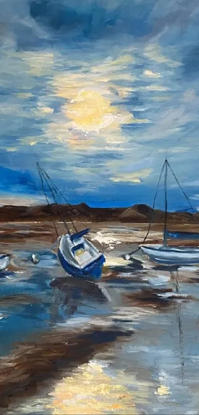 Seascape painting with boats and sunset sky.