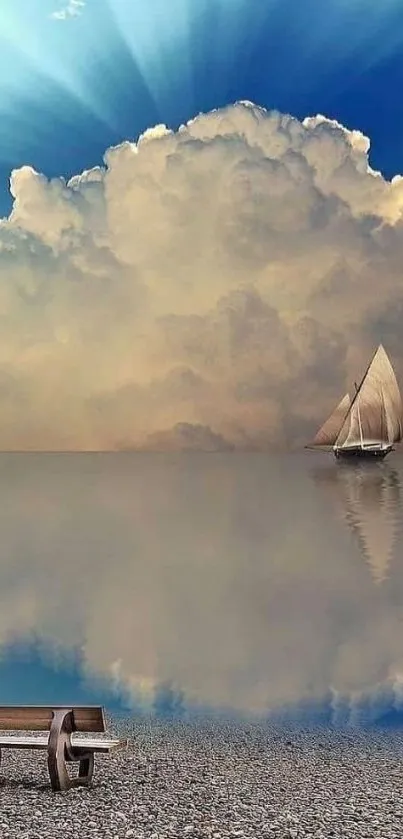 Sailing boat reflected on serene waters under fluffy clouds and blue sky.