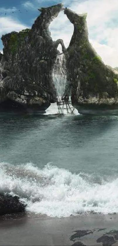 Serene seascape with dramatic rock formations and waves.