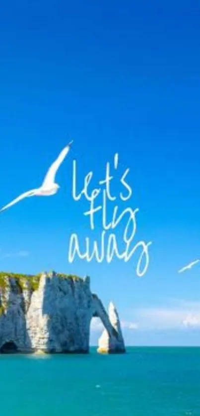 Serene seaside with seagulls and blue sky.