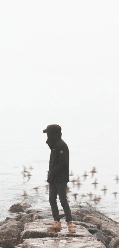 Person standing on rocks by the sea with birds flying, in a minimalist style.