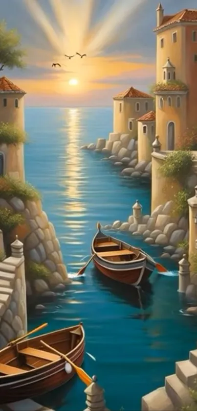 Serene village with boats and sunrise over water.