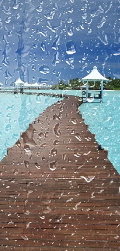 Wooden pier stretches into a clear blue ocean under a vibrant sky.