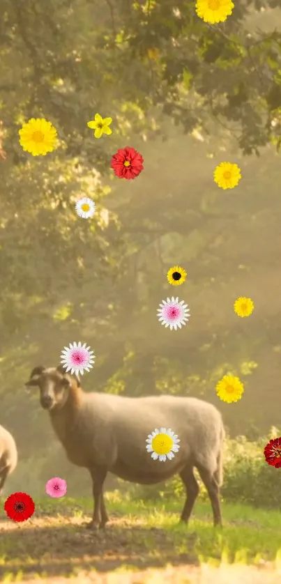 Peaceful sheep in meadow with colorful blossoms under dappled sunlight.