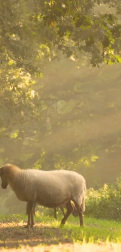 Sheep standing in a sunlit forest path, surrounded by greenery.