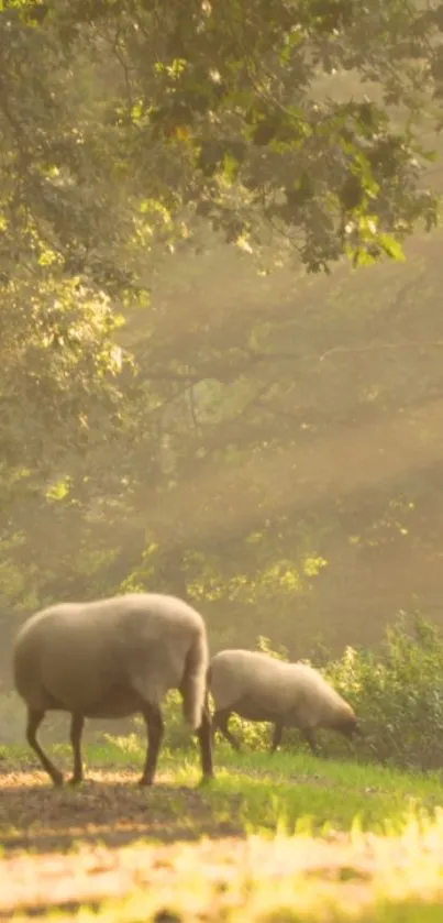 Sheep grazing in a sunlit forest with greenery and soft sunlight filtering through trees.