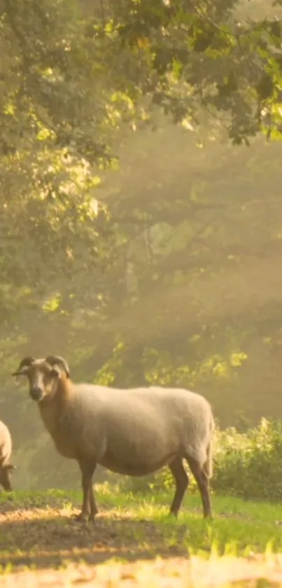 Sheep standing on a sunlit forest path with soft mist.