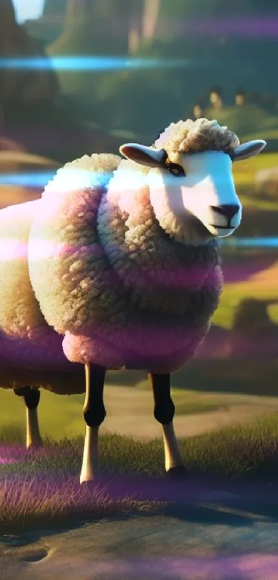 Serene sheep standing in a lush pastoral landscape.