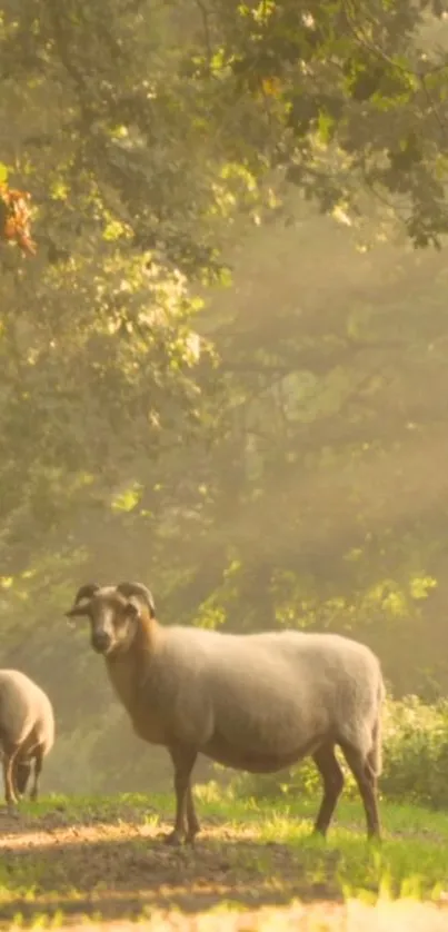 Two sheep standing on a sunlit forest path with lush greenery.