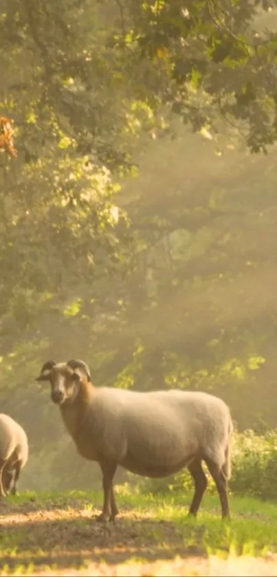 Two sheep in a sunlit forest path creating serene scenery.